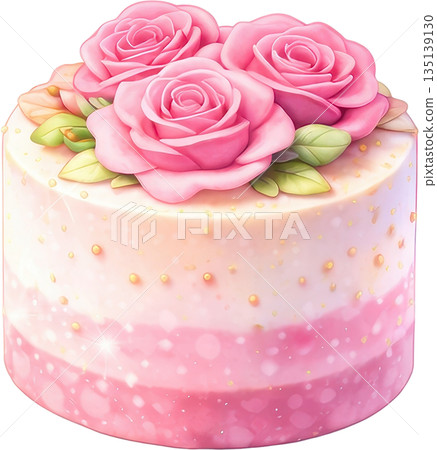 Elegant pink cake topped with blooming roses and shimmering golden decorations 135139130