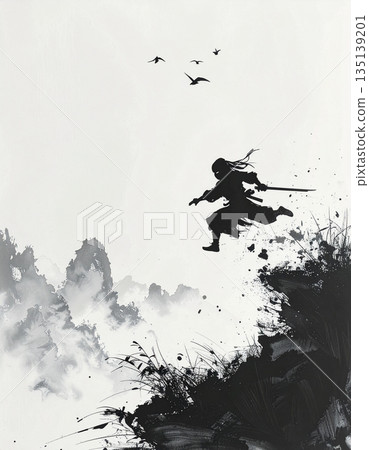 A dynamic ink painting of a ninja drawn with a brush 135139201