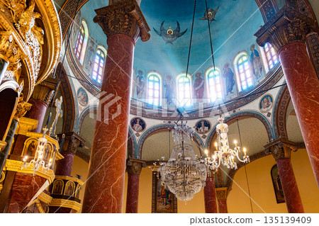 The interior of The Church of St. George in Cairo, Egypt. Coptic Cairo. Orthodox churches in Egypt. 135139409