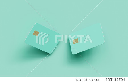 Mint Color Credit Card with Gold Chip Mock up. 3D Rendering. 135139704