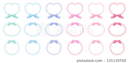 Vector illustration set of cute lace frames with ribbons. Hearts, ornaments, gingham check 135139709