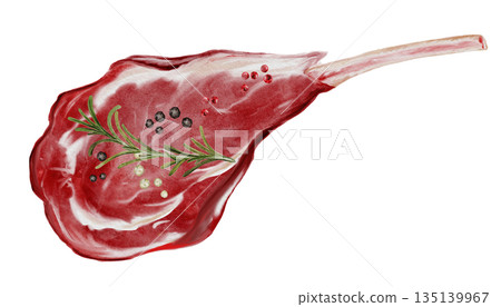Fresh raw beef steak with spices and rosemary watercolor illustration. Food clip art. Hand-drawn organic cow meat on a white background. Perfect for cookbook design, restaurant menus, and butcher shop Fresh raw beef steak with spices and rosemary watercolor illustration. Food clip art. Hand-drawn organic cow meat on a white background. Perfect for cookbook design, restaurant menus, and butcher shop 135139967