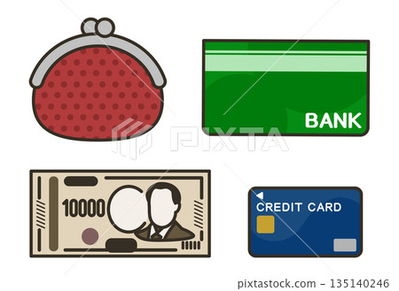 Wallet, bankbook, 10,000 yen bills, and credit cards. Bank. Savings. Household finances. 135140246