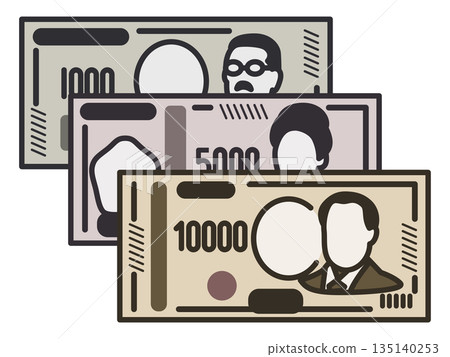 1000日元、5000日元和10000日元紙幣的插圖。新版紙鈔。 1000日元、5000日元和10000日元紙幣的插圖。新版紙鈔。 135140253