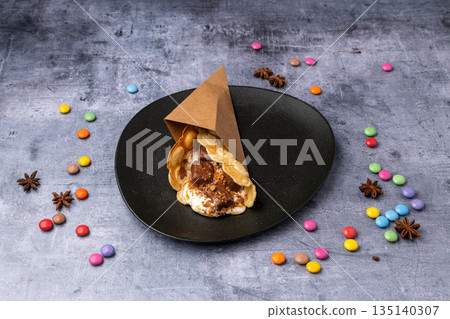 chocolate pancake ready to be eat by children chocolate pancake ready to be eat by children 135140307