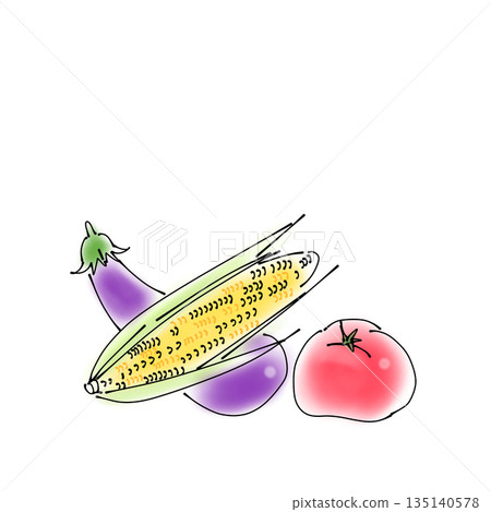 簡單的食物插圖 | 蔬菜、玉米、茄子、番茄 135140578