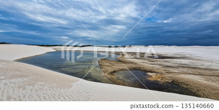 Dunes and lagoons of lagoa bonita, Lencois Maranhenses, Barreirinhas, Brazil. White sand dunes with pools of fresh water Dunes and lagoons of lagoa bonita, Lencois Maranhenses, Barreirinhas, Brazil. White sand dunes with pools of fresh water 135140660