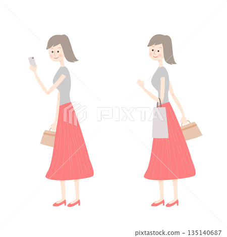 A woman holding shopping bags and another woman looking at a smartphone A woman holding shopping bags and another woman looking at a smartphone 135140687
