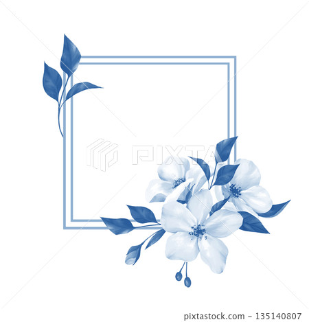 Isolated illustration of a hand-drawn Square frame decorated with elegant blue leaves and delicate white flowers. Minimalist botanical border design for wedding invitations or spring stationery, Isolated illustration of a hand-drawn Square frame decorated with elegant blue leaves and delicate white flowers. Minimalist botanical border design for wedding invitations or spring stationery, 135140807