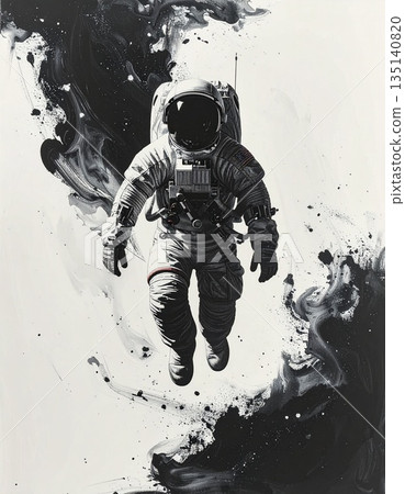 A brush-drawn ink painting of an astronaut in motion 135140820