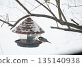 A titmouse eats seeds and bird food from a plastic feeder, against a snowy background, close-up 135140938