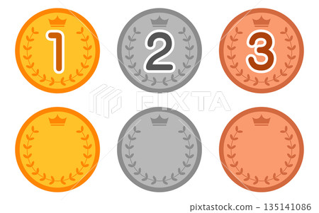 一套排名獎牌。金牌、銀牌、銅牌。 一套排名獎牌。金牌、銀牌、銅牌。 135141086