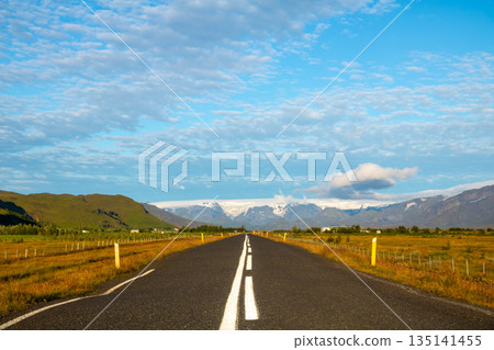 A straight road stretching to the horizon in the Nordic island nation of Iceland A straight road stretching to the horizon in the Nordic island nation of Iceland 135141455
