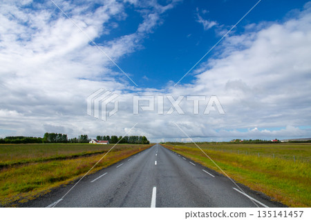 在北歐島國冰島,一條筆直的道路一直延伸到地平線。 在北歐島國冰島,一條筆直的道路一直延伸到地平線。 135141457
