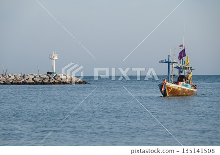 One wooden, colorful fishing boat stands in the sea near the shore. 135141508