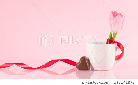 Valentines Day Pink Tulip In White Mug With Heart, Ribbon And Chocolate Heart On Soft Pink Background. 135141872