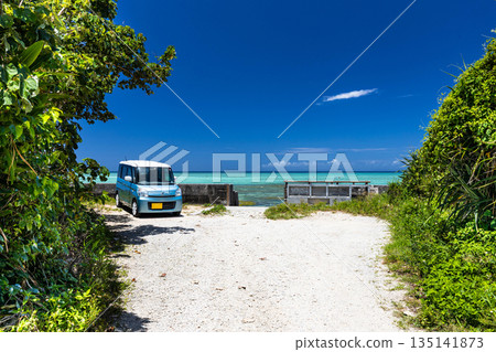仲夏的大海和藍色的汽車 135141873