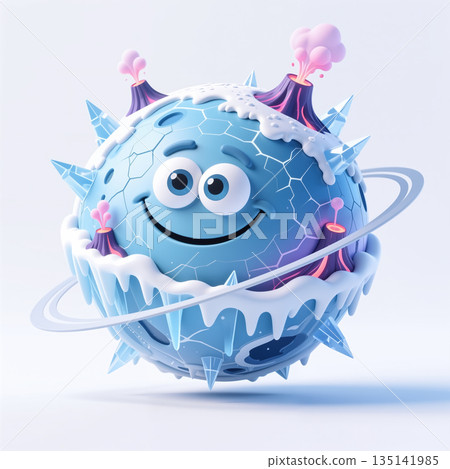 Cartoon planet with volcanoes and rings smiling. 135141985