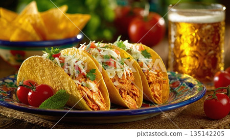 Three delicious tacos filled with juicy chicken, fresh toppings, and a side of crispy tortilla chips, paired with a refreshing glass of beer. Authentic Mexican flavors and a satisfying meal! 135142205