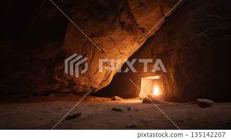 A dimly lit cavern unveils an entrance, bathed in ethereal light. Textures of rock and earth create an atmosphere of mystery in the shadows. A passage into the unknown. 135142207