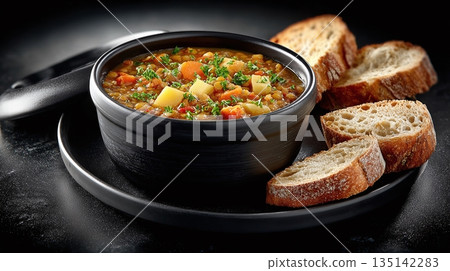 A hearty lentil soup served in a black bowl with bread. The soup is garnished with fresh parsley, carrots and potatoes, and it sits on a black plate with a dark background. 135142283