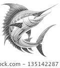 Detailed Blue Marlin Swordfish Engraving Illustration, Vintage Ocean Predator Fish Artwork for Logo, Tattoo, Marine Design, Sport Fishing Concept 135142287