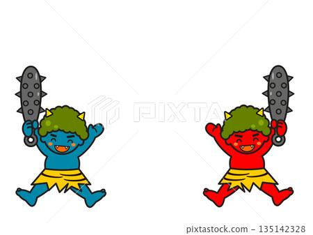 Copy space: Cute blue and red ogres holding iron clubs Copy space: Cute blue and red ogres holding iron clubs 135142328