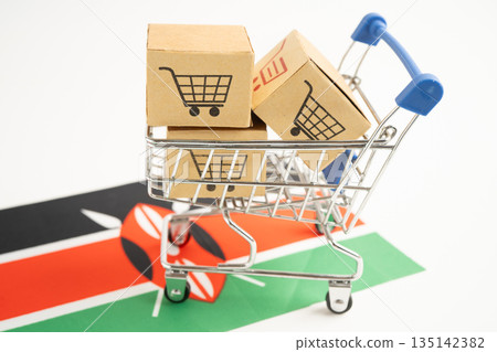 Box with shopping online cart logo and Kenya flag, 135142382