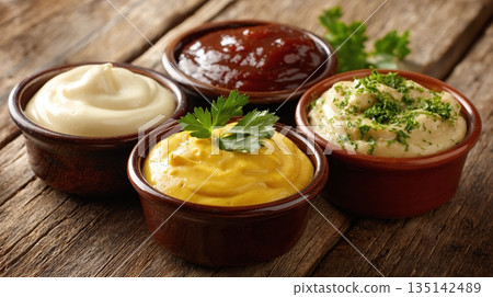A delectable assortment of sauces in rustic bowls, offering a symphony of flavors. From creamy to tangy, these condiments elevate any culinary experience on a wood table. 135142489