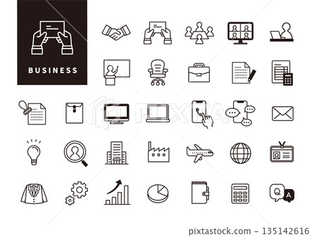 Flat icon set representing business operations and office work (work, management, communication) black line Flat icon set representing business operations and office work (work, management, communication) black line 135142616