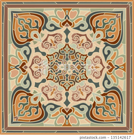 Traditional Central Asian felt rug ornament with symmetric ethnic medallion pattern Traditional Central Asian felt rug ornament with symmetric ethnic medallion pattern 135142617