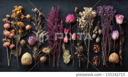 Still life composition featuring an array of dried flowers in orange, purple, and cream hues, arranged against a dark backdrop. The arrangement exudes a vintage charm. Still life composition featuring an array of dried flowers in orange, purple, and cream hues, arranged against a dark backdrop. The arrangement exudes a vintage charm. 135142715