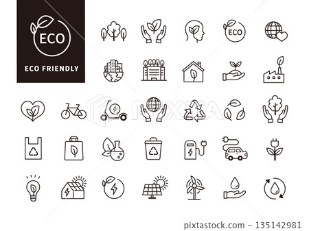 A simple icon set (black outline) representing eco-friendly and sustainable living A simple icon set (black outline) representing eco-friendly and sustainable living 135142981
