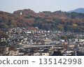 A landscape of mountains with autumn leaves, the sky, and a residential area A landscape of mountains with autumn leaves, the sky, and a residential area 135142998