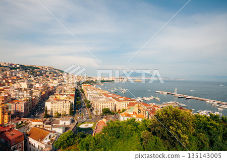 Naples Italy cityscape with Mount Vesuvius and boats in the bay 135143005