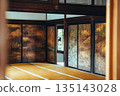 Traditional Japanese room with tatami mats and painted sliding doors 135143028