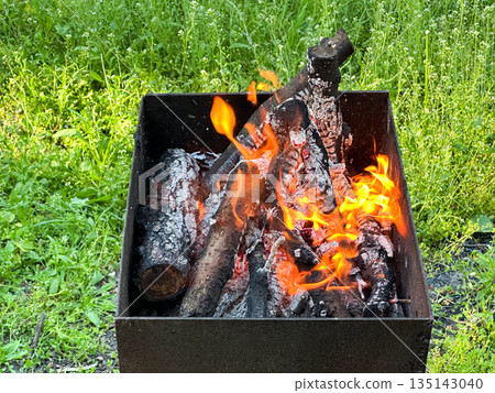 Square fire pit with logs burning in green grassy area. 135143040