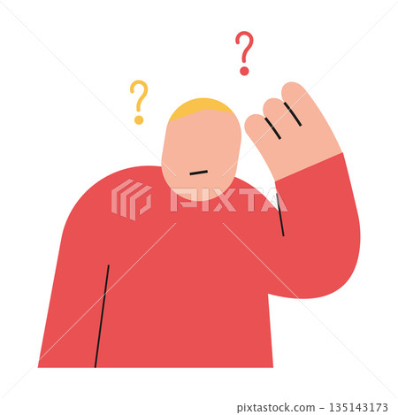 Flat modern illustration of a confused man raising hand with question marks, representing doubt, confusion, problem solving, decision making, and uncertainty concept. 135143173
