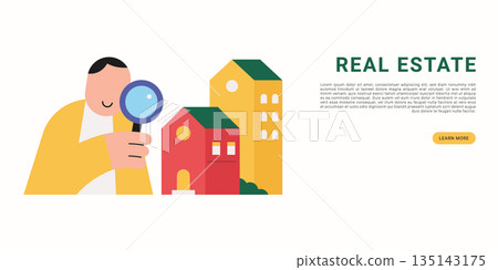 Real estate investment. Flat modern illustration of a man using magnifying glass to analyze houses and buildings, representing real estate search, property analysis, investment decision, and market re 135143175