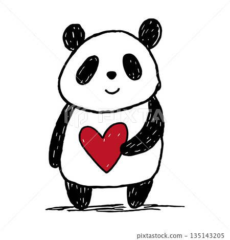 Cute panda holding red heart. Outline doodle hand drawn valentines animal character. Love concept, crayons art, vector animal icon 135143205
