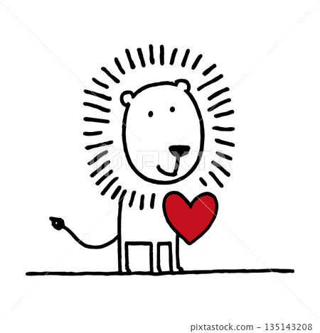 Cute lion holding heart. Outline Hand drawing doodle vector illustration. Love concept, Valentines day symbol Cute lion holding heart. Outline Hand drawing doodle vector illustration. Love concept, Valentines day symbol 135143208