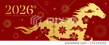 2026 Chinese New Year banner, gold horse card background 2026 Chinese New Year banner, gold horse card background 135143282