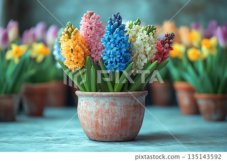 Interior design. Hyacinth plant with purple flowers on a white background. Potted spring plant. Interior design. Hyacinth plant with purple flowers on a white background. Potted spring plant. 135143592