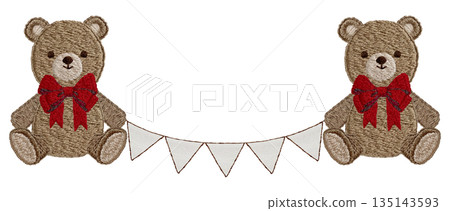 [Teddy bear and garland] Hand-embroidered illustration material 135143593