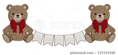 [Teddy bear and garland] Hand-embroidered illustration material 135143596