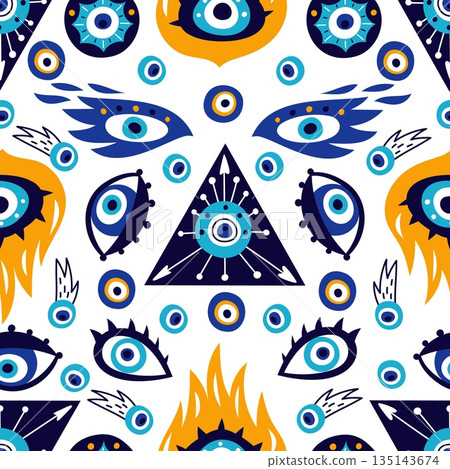Abstract multicolored seamless pattern. Turkish symbols. Magic eyes. Repeated print. Hamsa talismans. Blue Fatima eyeballs with lashes. Ethnic prosperity amulets. Vector background 135143674