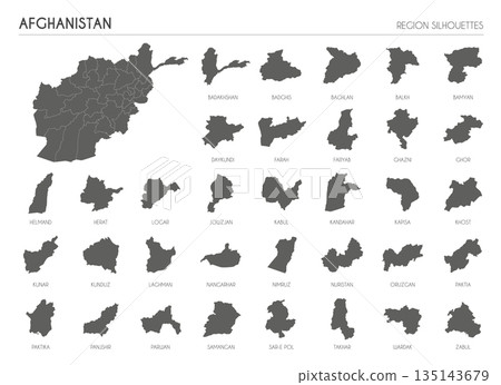 Afghanistan region silhouettes set and blank map of the country isolated on white background. Vector illustration design Afghanistan region silhouettes set and blank map of the country isolated on white background. Vector illustration design 135143679