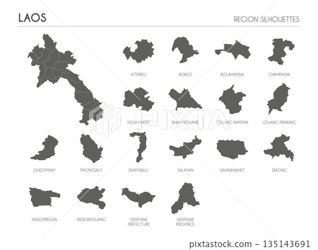 Laos region silhouettes set and blank map of the country isolated on white background. Vector illustration design Laos region silhouettes set and blank map of the country isolated on white background. Vector illustration design 135143691