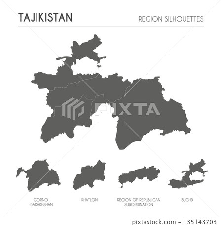 Tajikistan region silhouettes set and blank map of the country isolated on white background. Vector illustration design Tajikistan region silhouettes set and blank map of the country isolated on white background. Vector illustration design 135143703