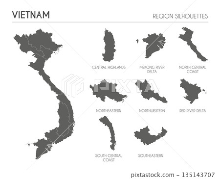 Vietnam region silhouettes set and blank map of the country isolated on white background. Vector illustration design Vietnam region silhouettes set and blank map of the country isolated on white background. Vector illustration design 135143707